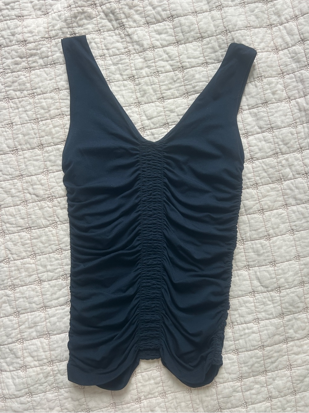 Melanie Lyne Navy Blue Ruched Tank Top V Neck Front & Back Stretch / XS NWOT